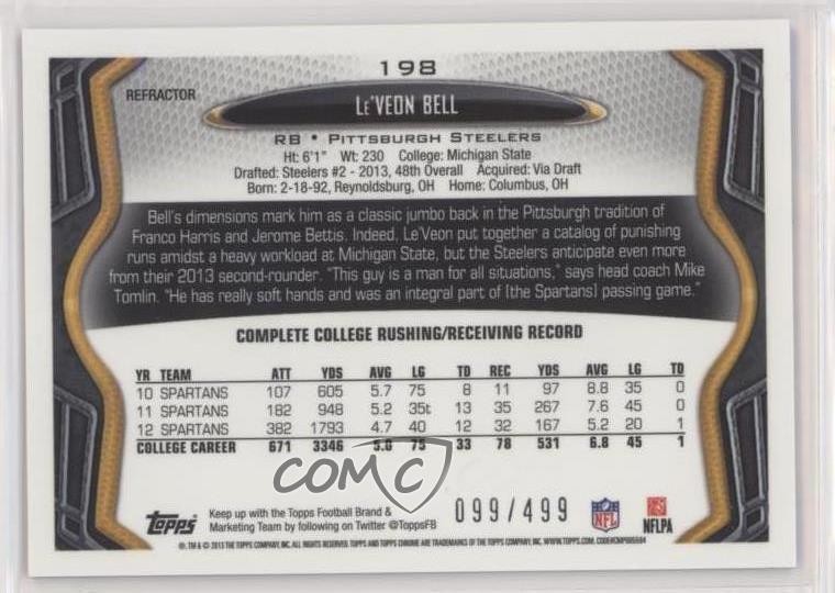 2013 Topps Chrome Retail Purple Refractor 99/499 Le’Veon Bell #198 Rookie RC 4l3