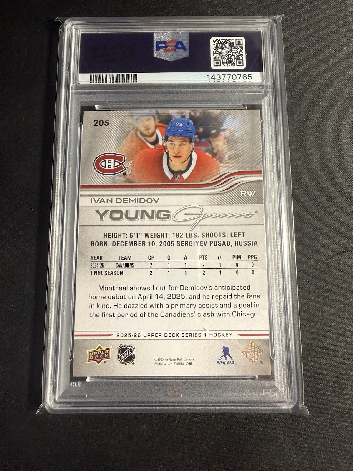 2025 Upper Deck Young Guns Ivan Demidov RC PSA 10 #205 Canadiens