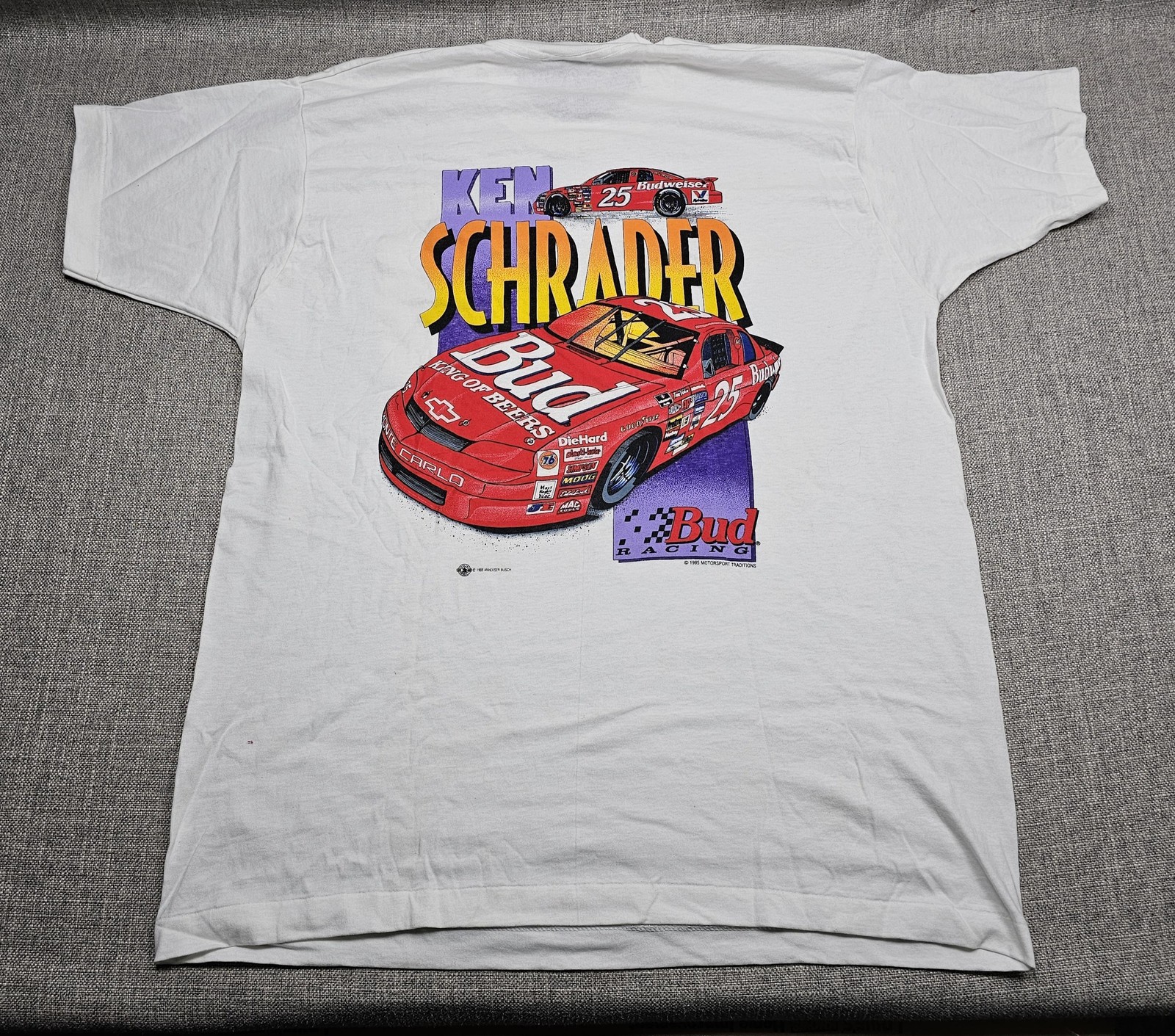 Vintage Bud Racing Ken Schrader Shirt Mens XL White NASCAR Made in USA 1995