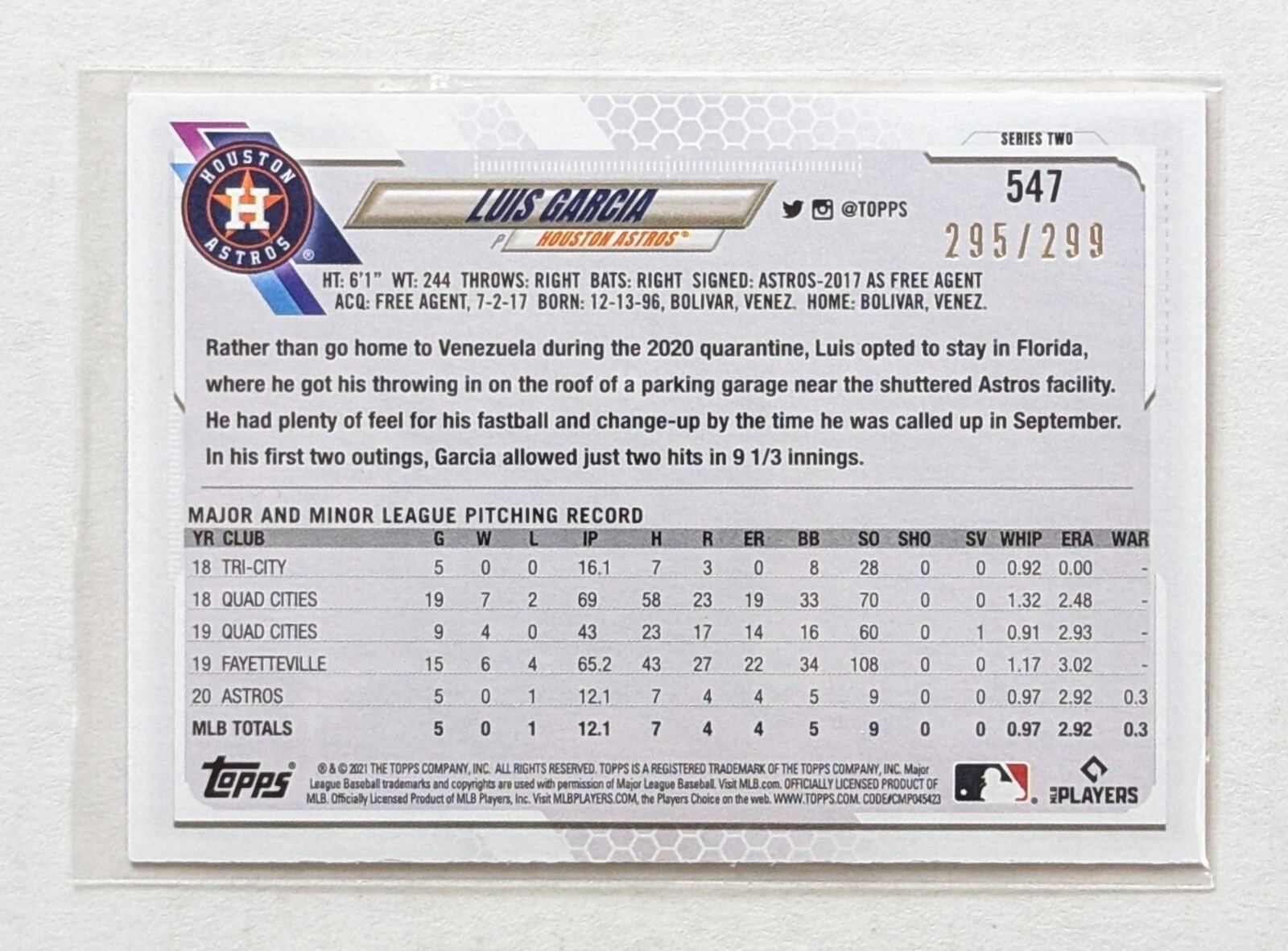 2021 Topps Luis Garcia Orange Foilboard /299 RC #547 Houston Astros