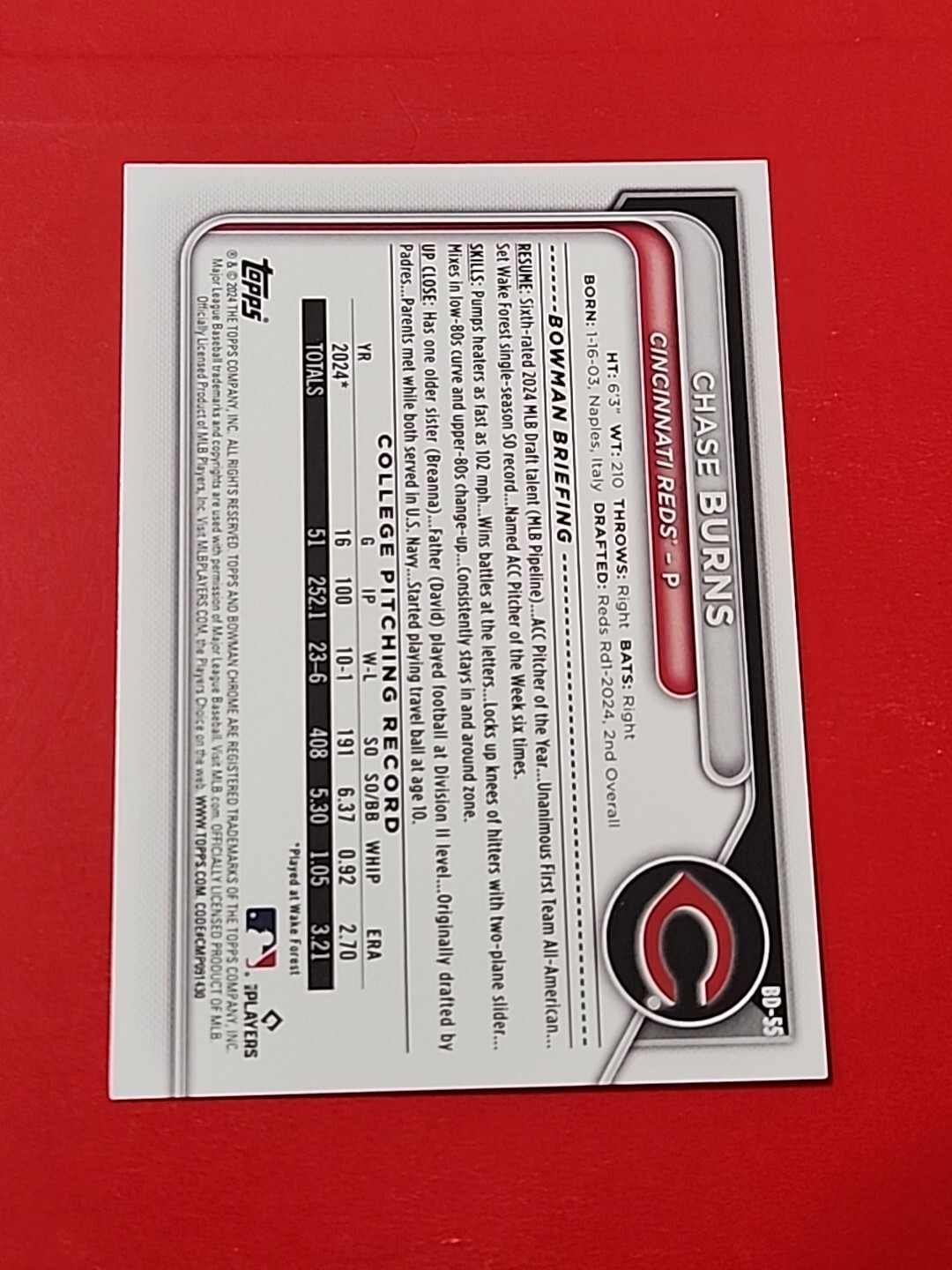 2024 Bowman Draft Paper Base BD-55 Chase Burns Cincinnati Reds