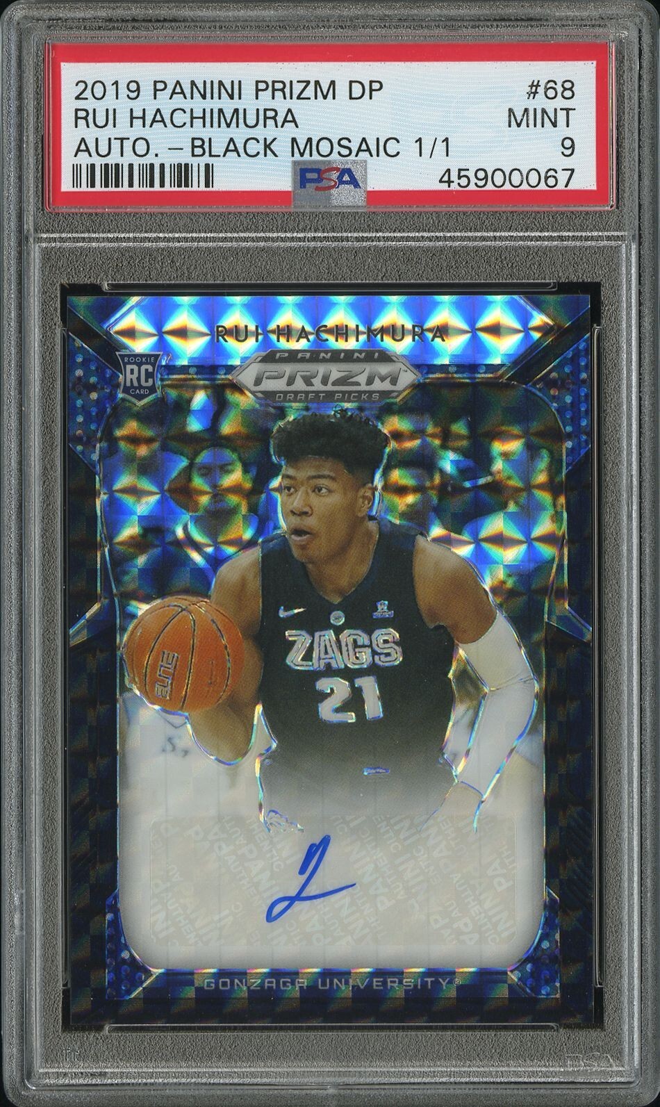 2019 Prizm DP #68 Rui Hachimura Black Mosaic 1/1 Rookie Auto RC #’d PSA 9