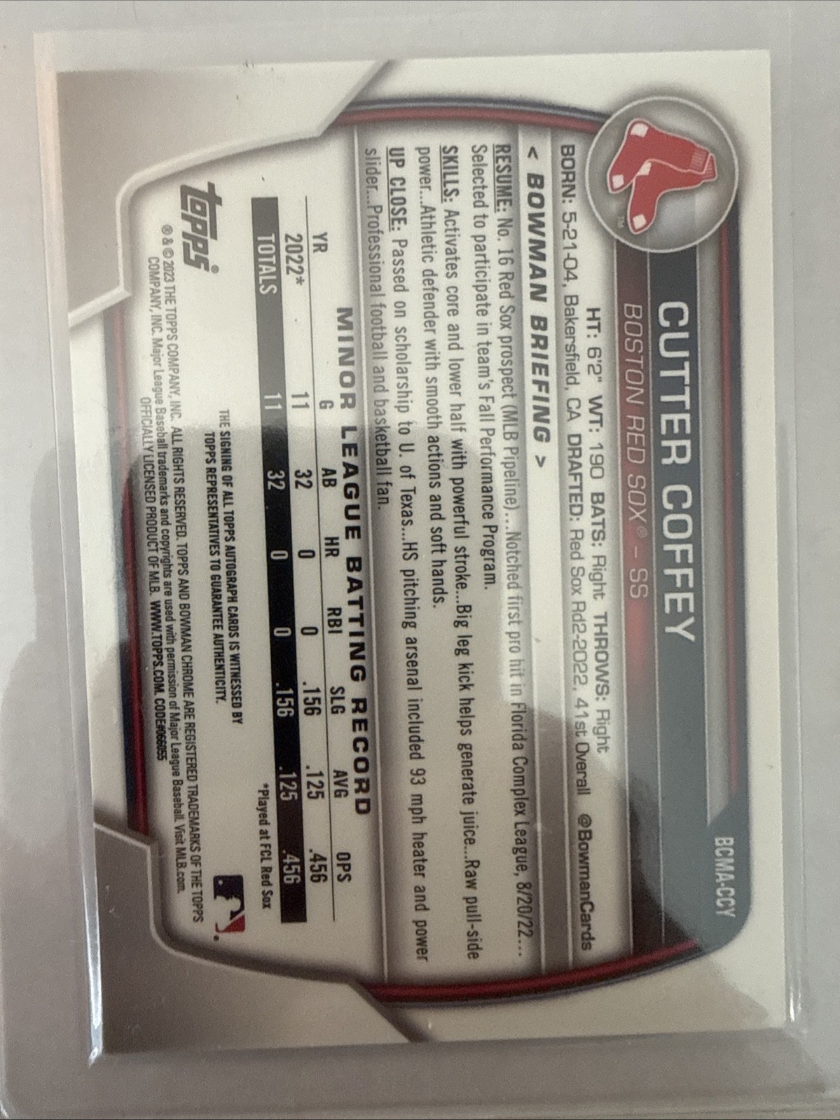 2023 Bowman Chrome Mega Mojo BCMA-CCY Cutter Coffey Green /99 Auto Red Sox