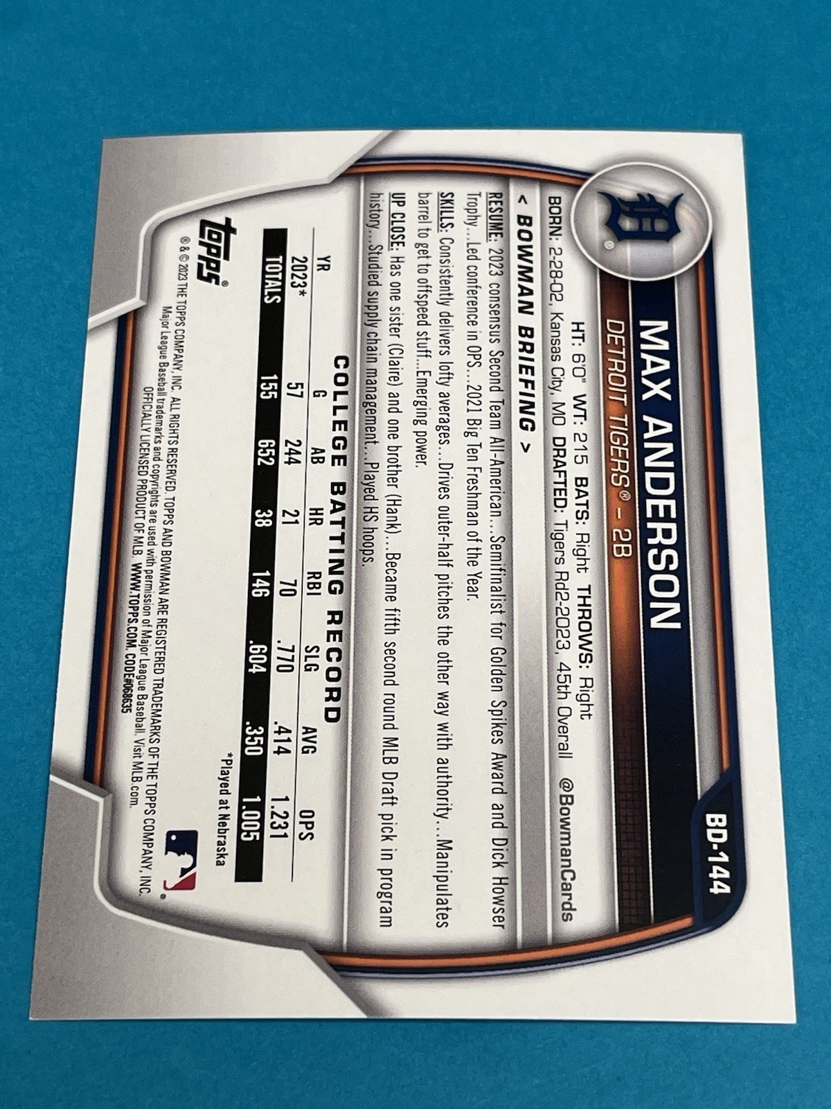 Max Anderson 2023 Bowman Draft 1st Bowman #BD-144 Detroit Tigers Qty Avail