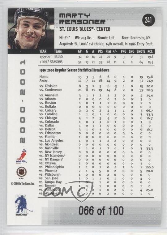 2000-01 ITG Be A Player Memorabilia Sapphire 66/100 Marty Reasoner #241 0q3