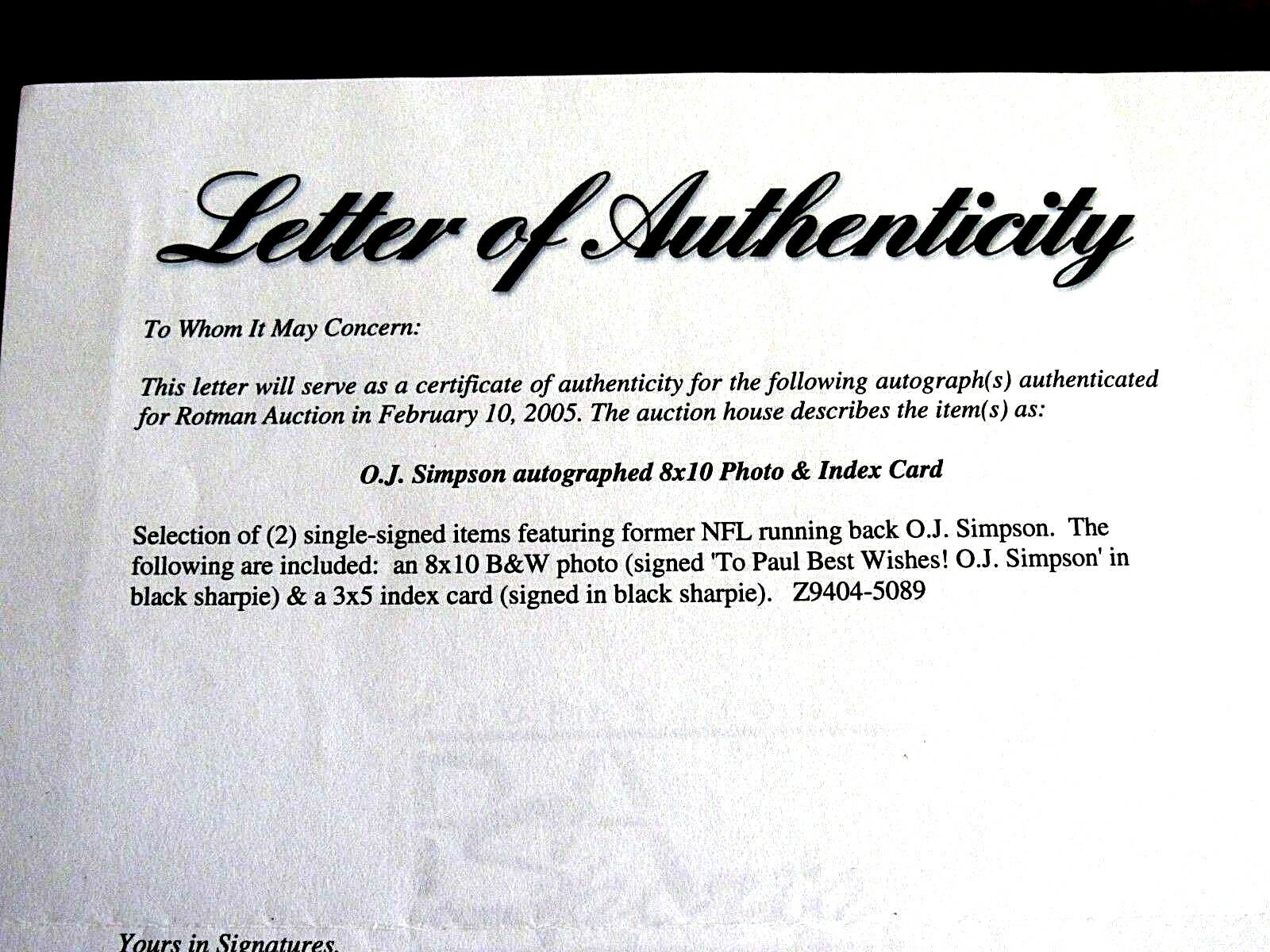 OJ SIMPSON BUFFALO BILLS HOF SIGNED AUTO VINTAGE INDEX CARD PSA/DNA LETTER