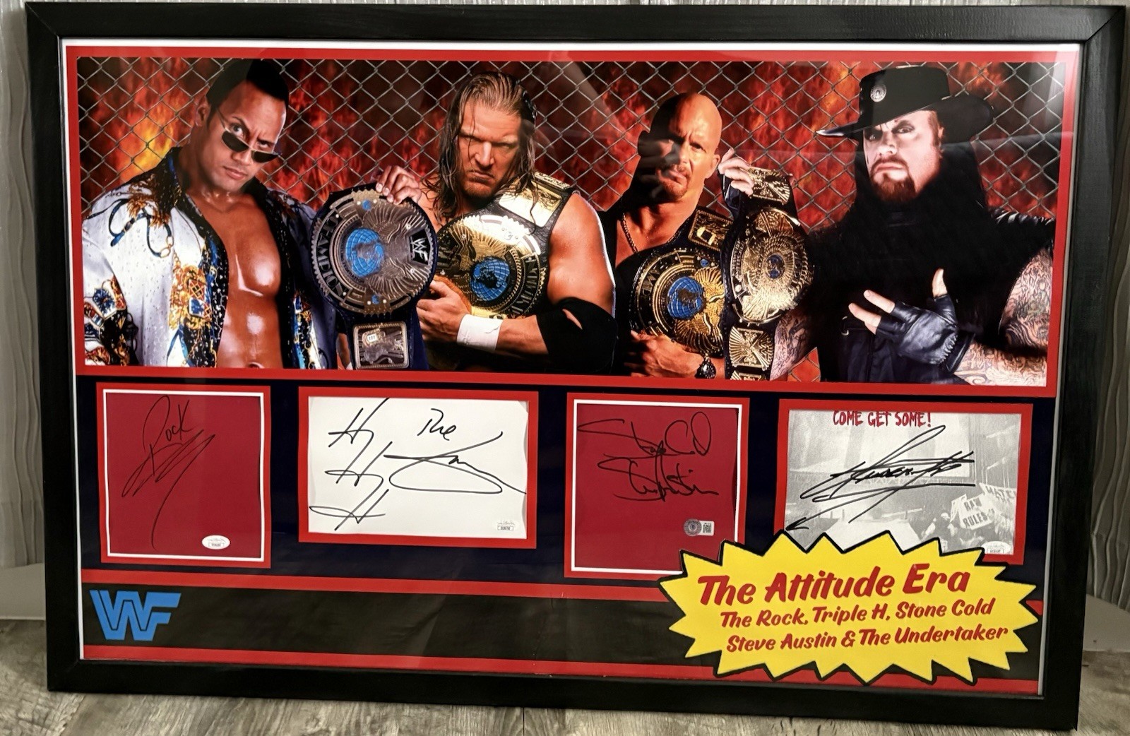WWF Attitude Era Framed Autographed BAS The Rock Austin Triple H Stone Cold WWE