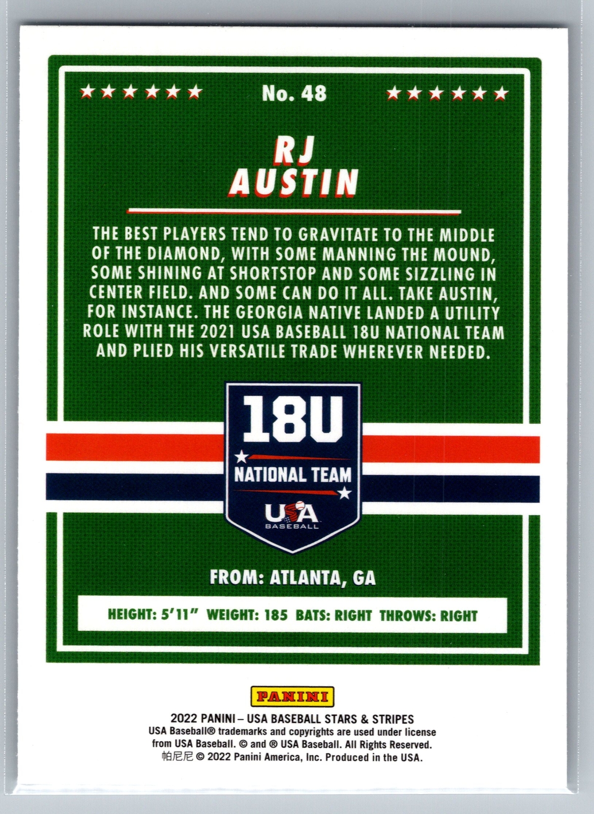 2022 Panini Stars & Stripes USA Baseball #48 RJ Austin Longevity (Retail Base)