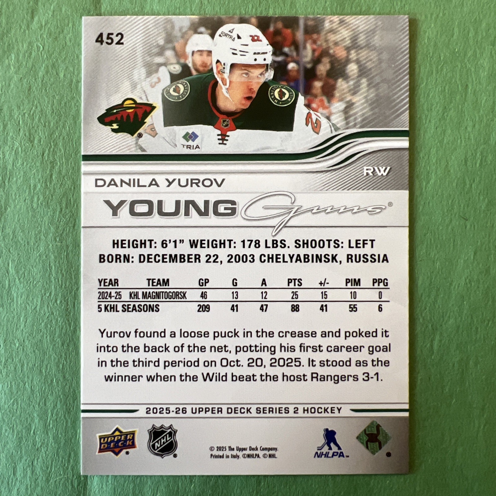 2025-26 Upper Deck Young Guns #452 Danila Yurov – Minnesota Wild