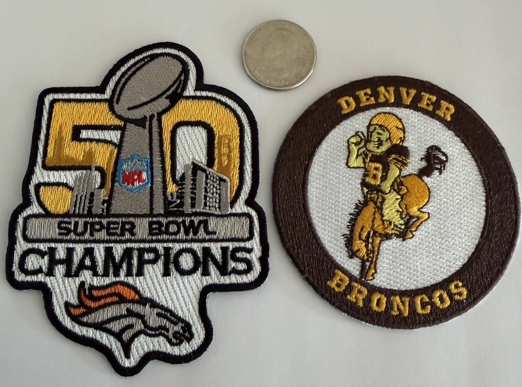 (2)-DENVER BRONCOS VINTAGE EMBROIDERED IRON ON PATCHES 4″x 3.5″& 3”x 3” Nice!