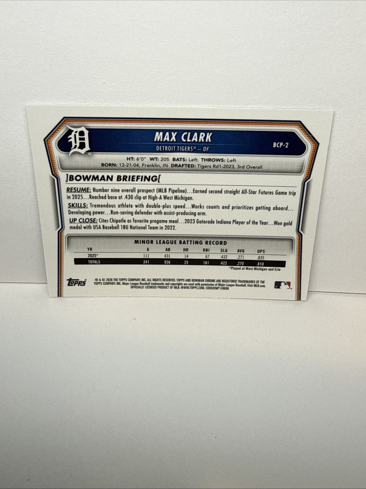 2026 Bowman Chrome Mojo Refractor Max Clark BCP-2, Mega, Detroit Tigers