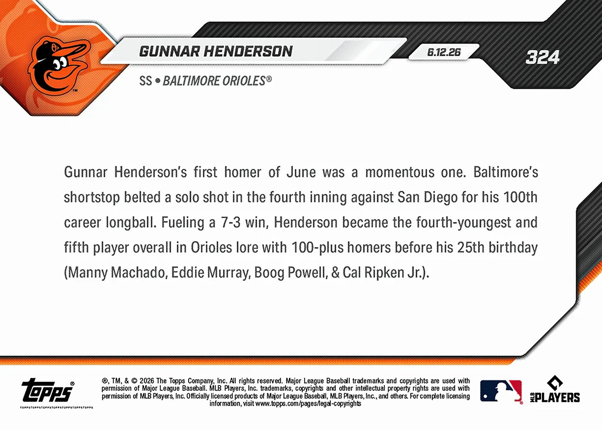 Gunnar Henderson 100th HR 2026 MLB Topps NOW Card 324 Presale