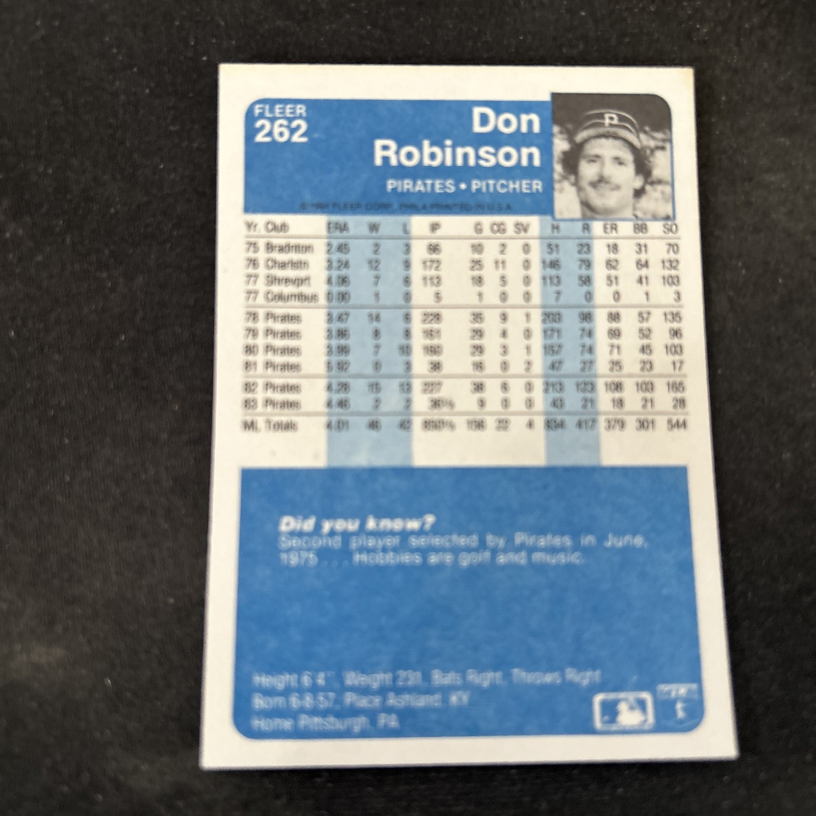 1984 Fleer Baseball Card #262 Don Robinson Pittsburgh Pirates NmMt Free Shipping