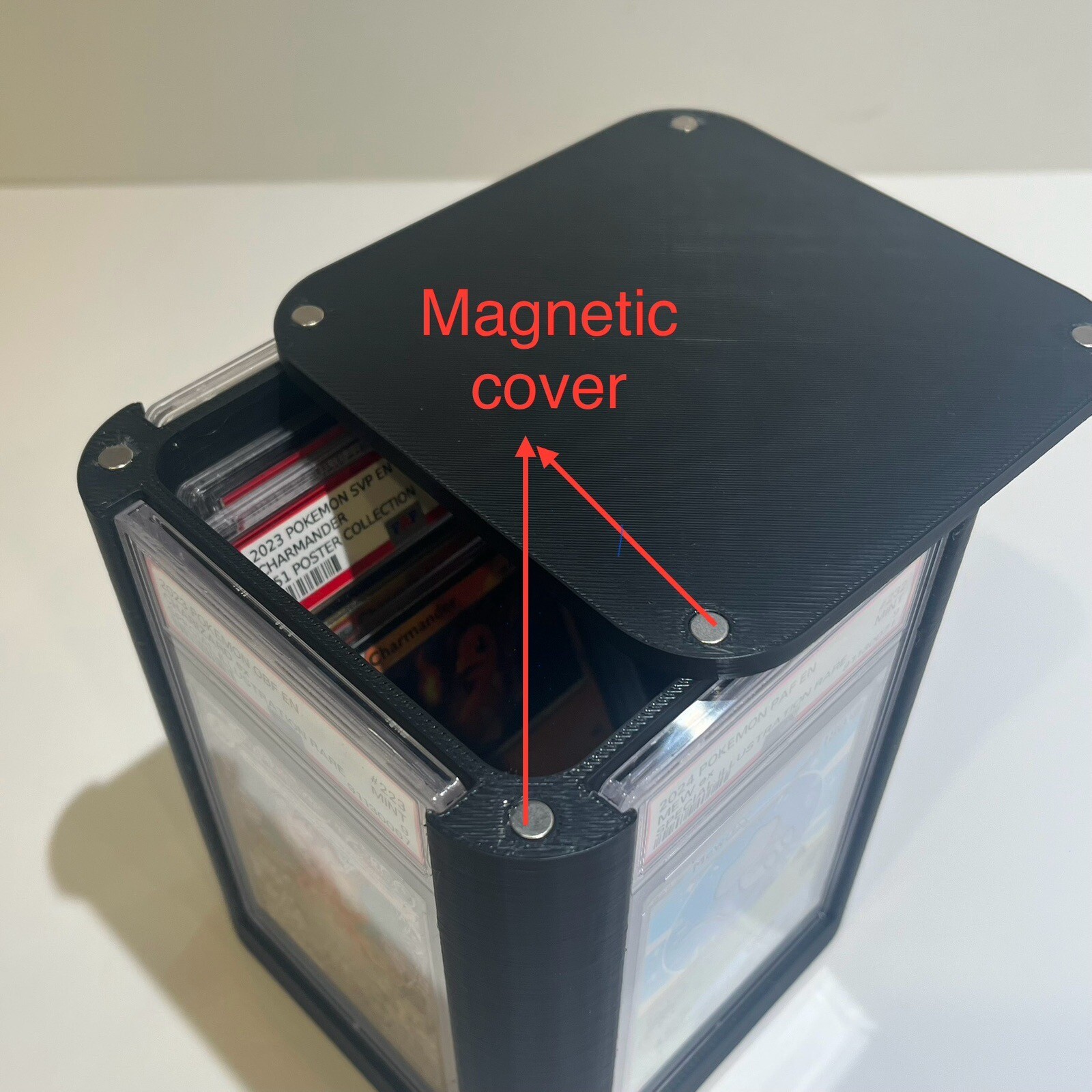 PSA Card Display | Rotatable w Storage, Magnetic Cover, Displays 4 Cards Pokemon