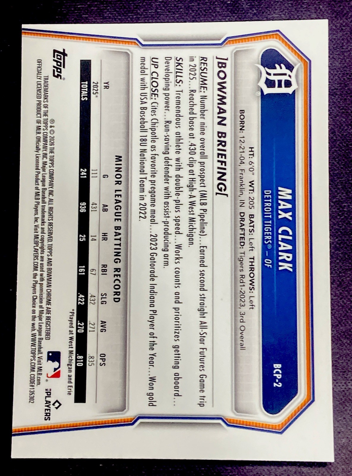 2026 BOWMAN CHROME #BCP-2 MAX CLARK PROSPECT LOGO REFRACTOR SP TIGERS