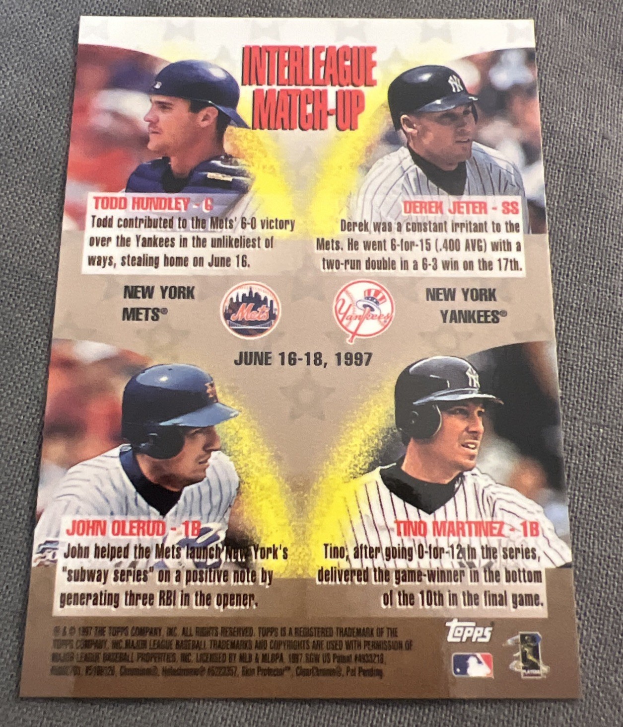 1997 Topps Mystery Finest Refractor Interleague Match-up Derek Jeter Card #ILM6