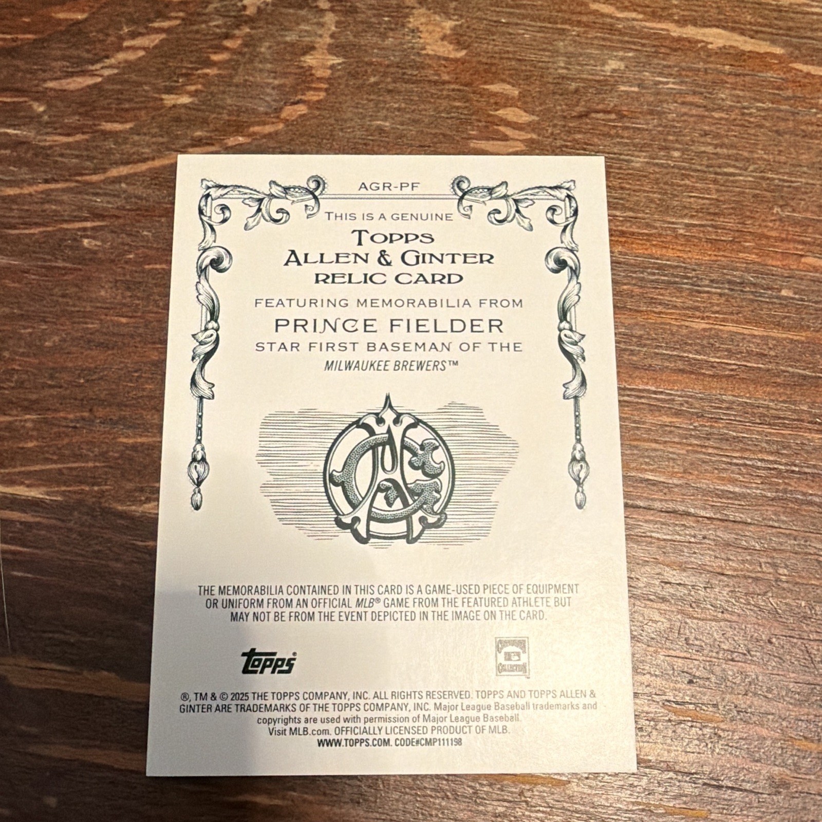Topps 2025 Allen & Ginter Prince Fielder Relic Memorabilia #AGR-PF Brewers