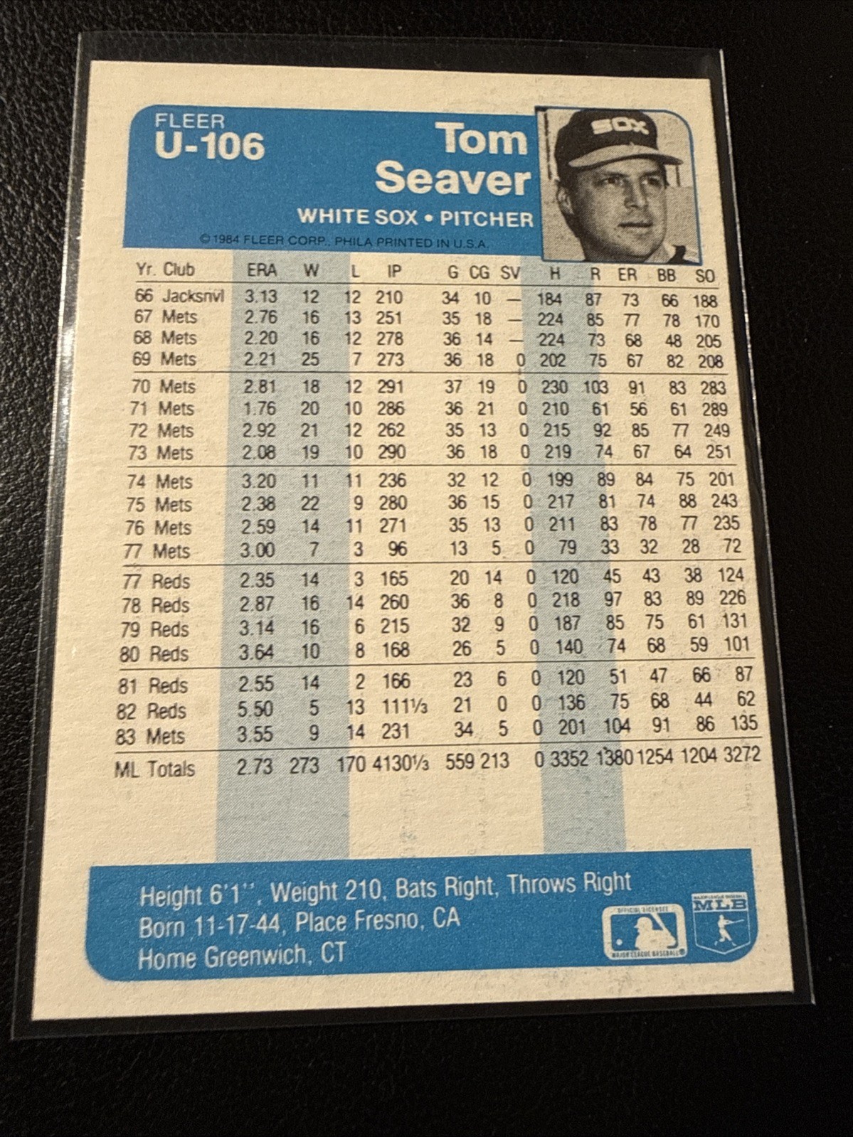 1984 Fleer Update #U-106 Tom Seaver NM Chicago White Sox HOF