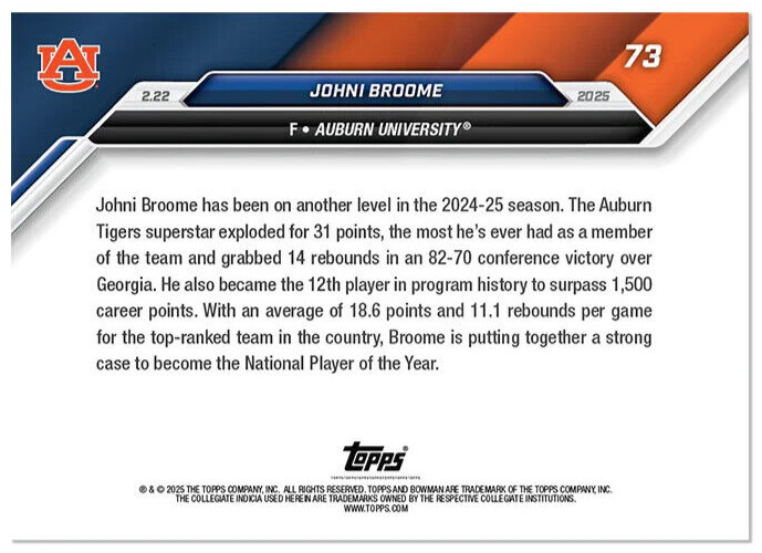 2024-25 Bowman U Now Johni Broome Eclipses 1,500 Career Points #73