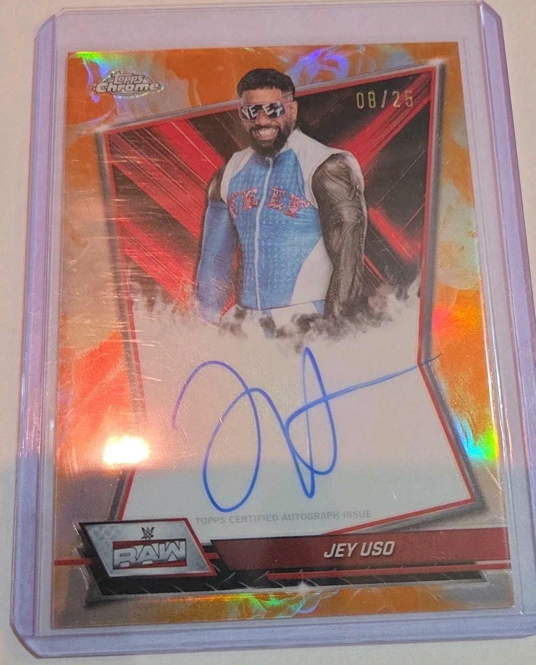 2026 Topps Chrome WWE Jey Uso Red Brand Auto /25 Orange Refractor TJP