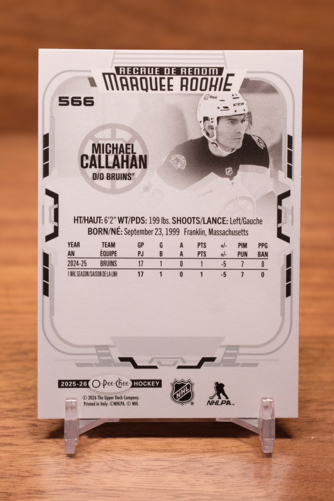 2025-26 OPC Marquee Rookie #566 Michael Callahan – Boston Bruins