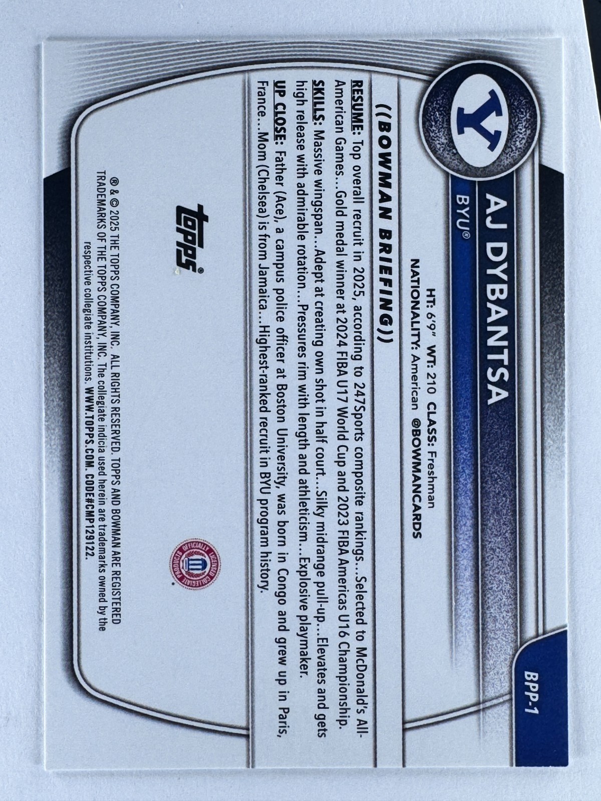 AJ DYBANTSA 2025-26 Bowman #BPP-1 Prospects (1st) BYU Cougars