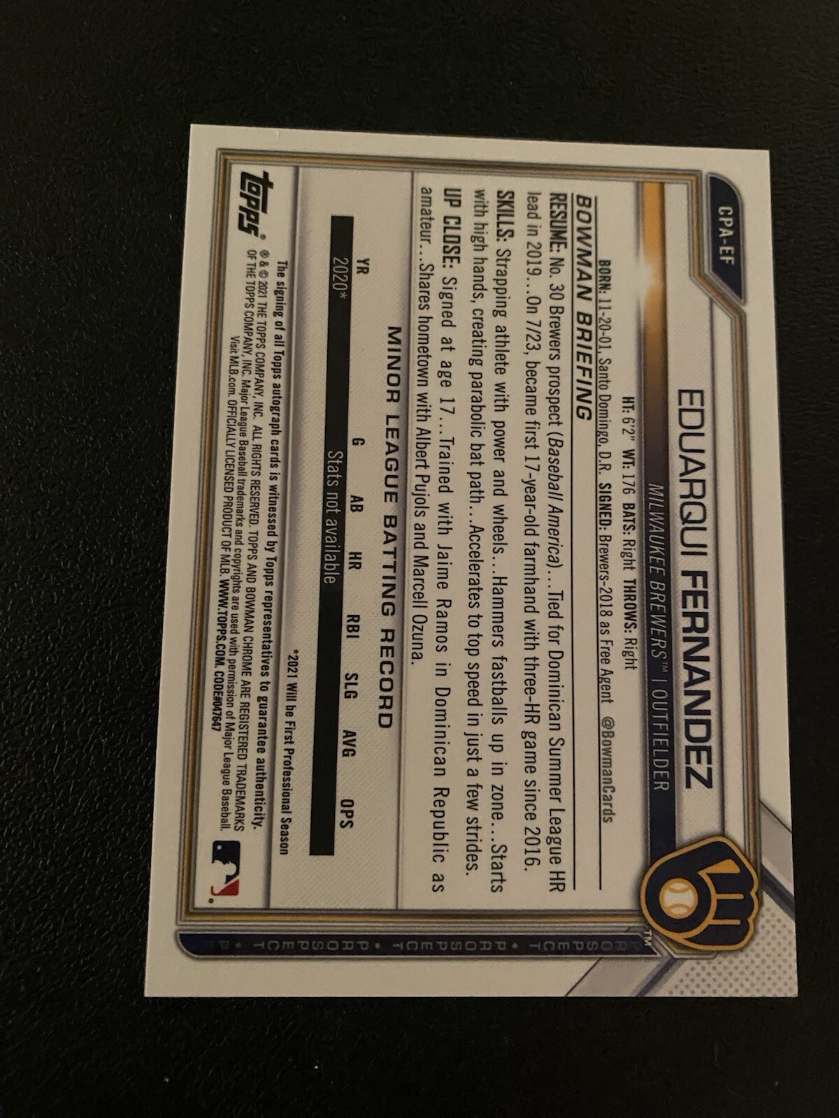 2021 Bowman Chrome Eduarqui Fernandez #CPA-EF 1st Bowman Autograph Brewers