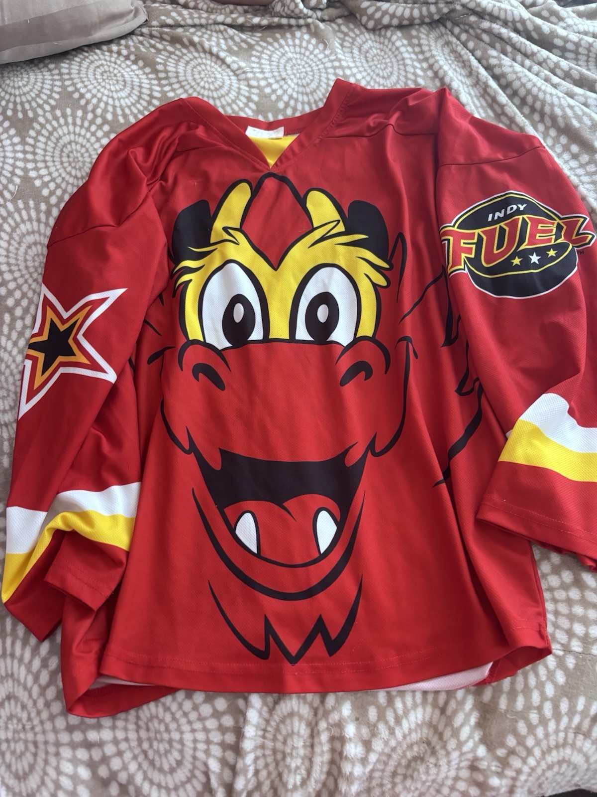Indy Fuel Nitro Mascot Hockey Jersey Red Yellow White Black