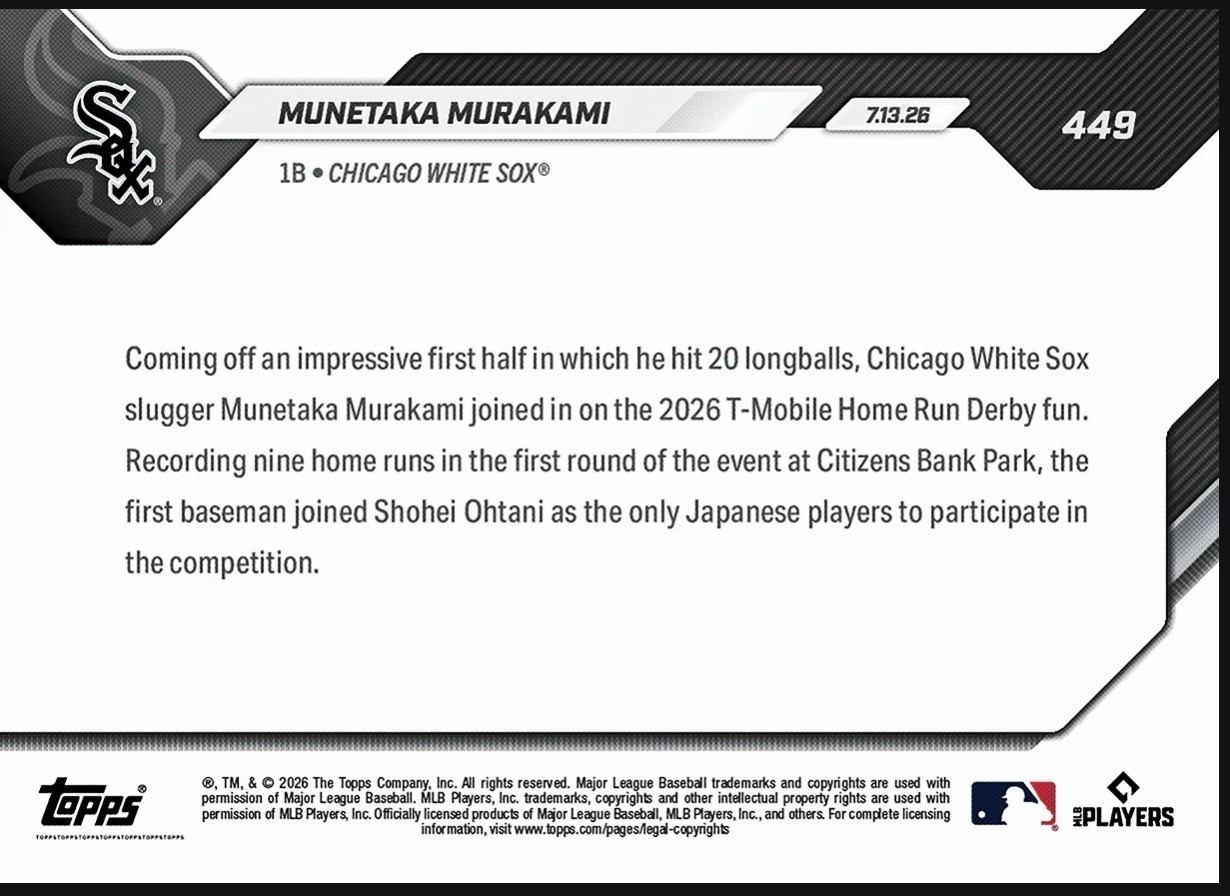 2026 Topps Now MLB #449 Munetaka Murakami RC Chicago White Sox – PRESALE