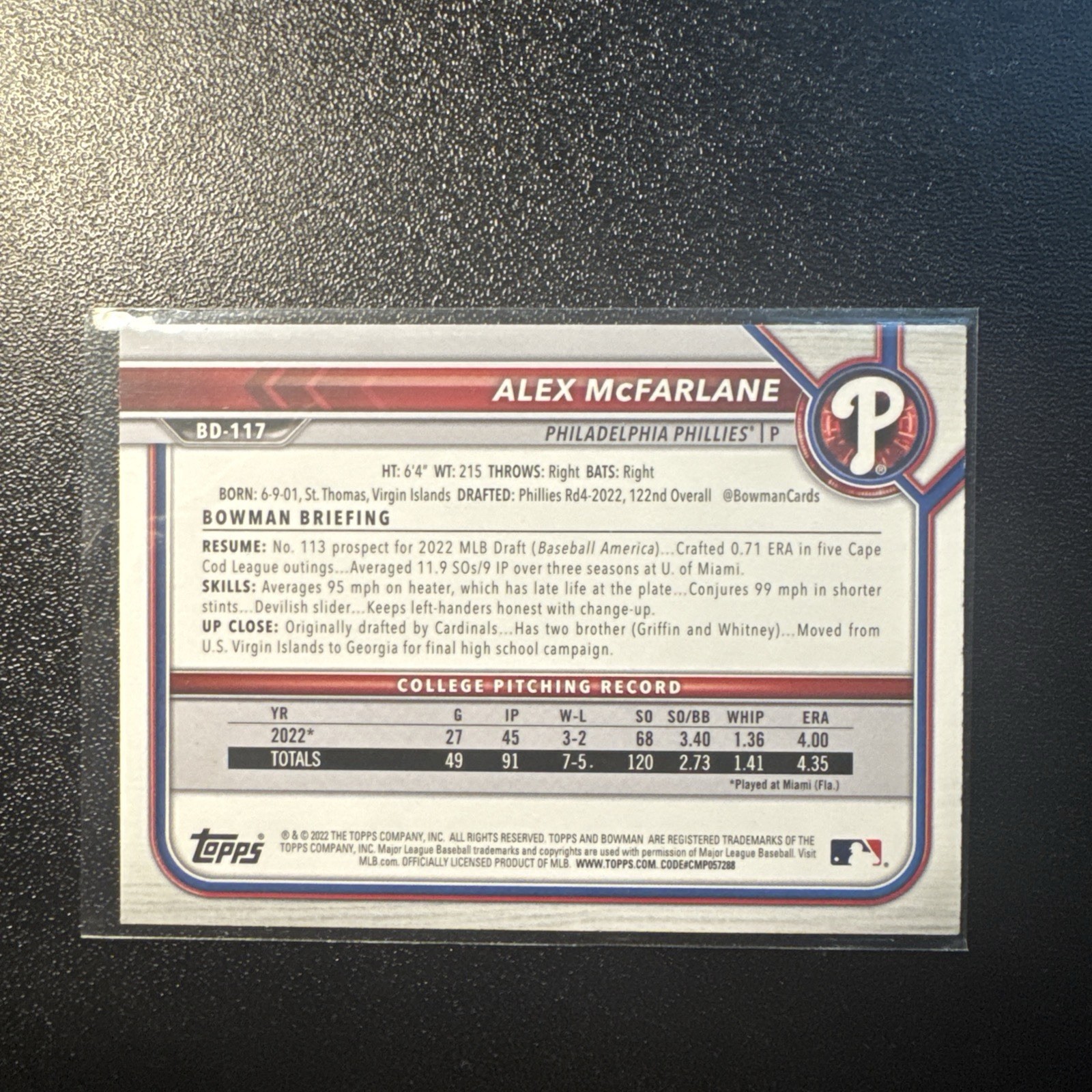 2022 1st Bowman Draft Orange On Card Auto #24/25 Alex McFarlane #BD-117 Phillies