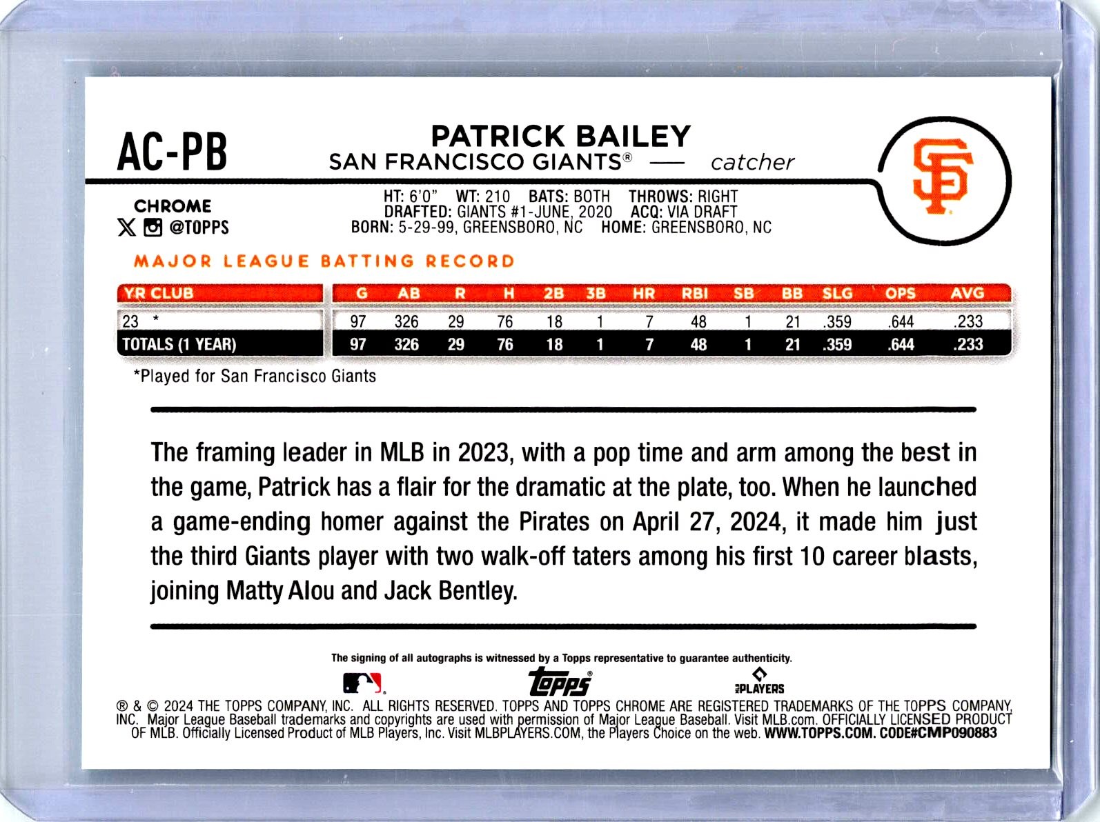 2024 Topps Chrome Update #AC-PB Patrick Bailey Autographs Aqua Wave #/199