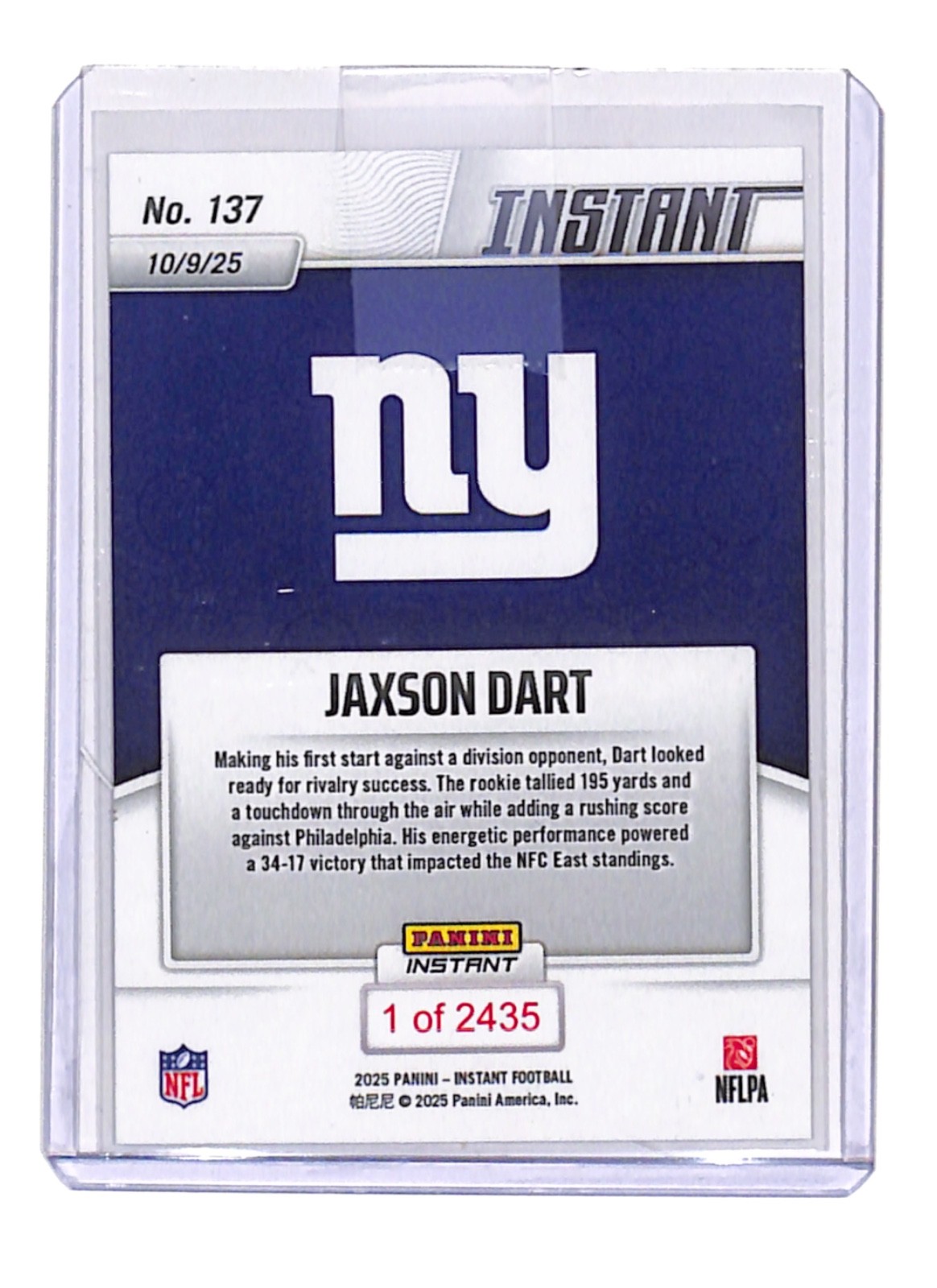 Jaxson Dart 2025 Panini Instant NFL #137 New York Giants RC – QTY