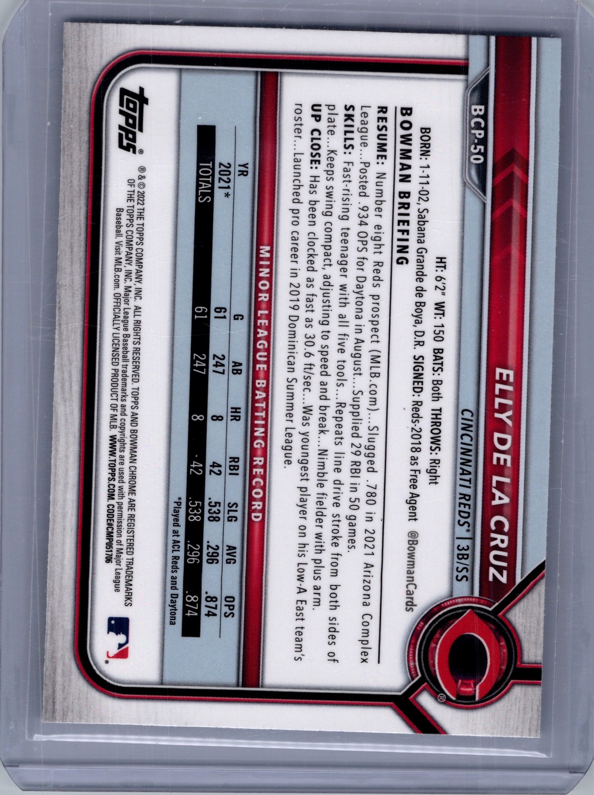 2022 Bowman #BCP-50 Elly De La Cruz Chrome Prospects