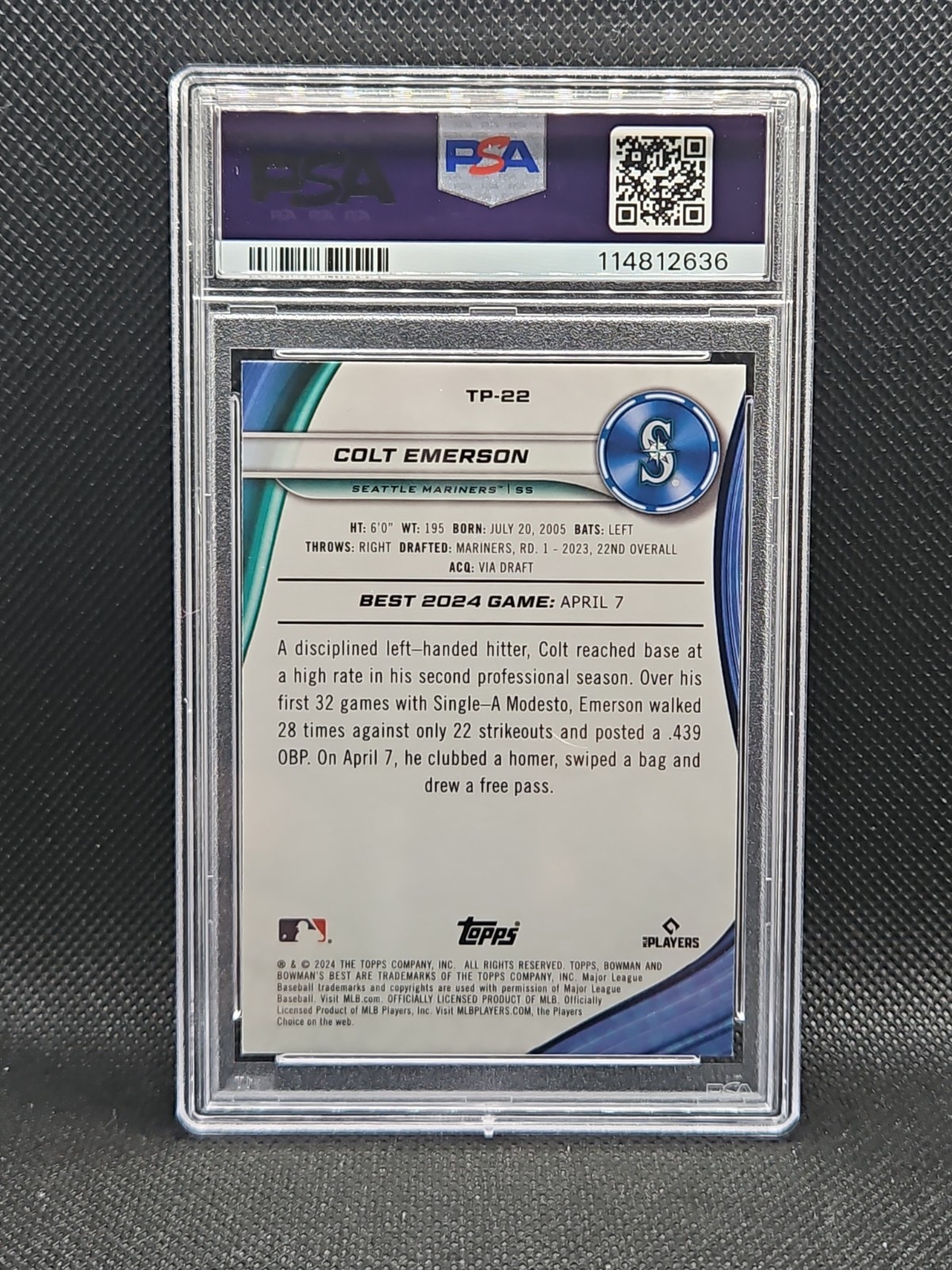 2024 Bowman’s Best Prospect – Colt Emerson TP-22 – Green Ref. /99 – PSA 10!