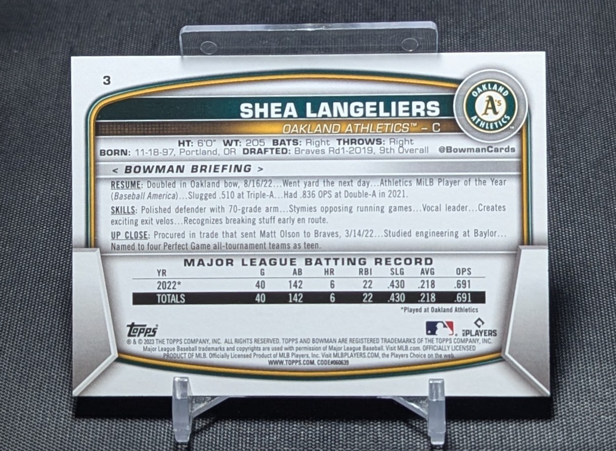 Shea Langeliers Rookie RC 2023 Bowman Baseball Card #3 Oakland Athletics
