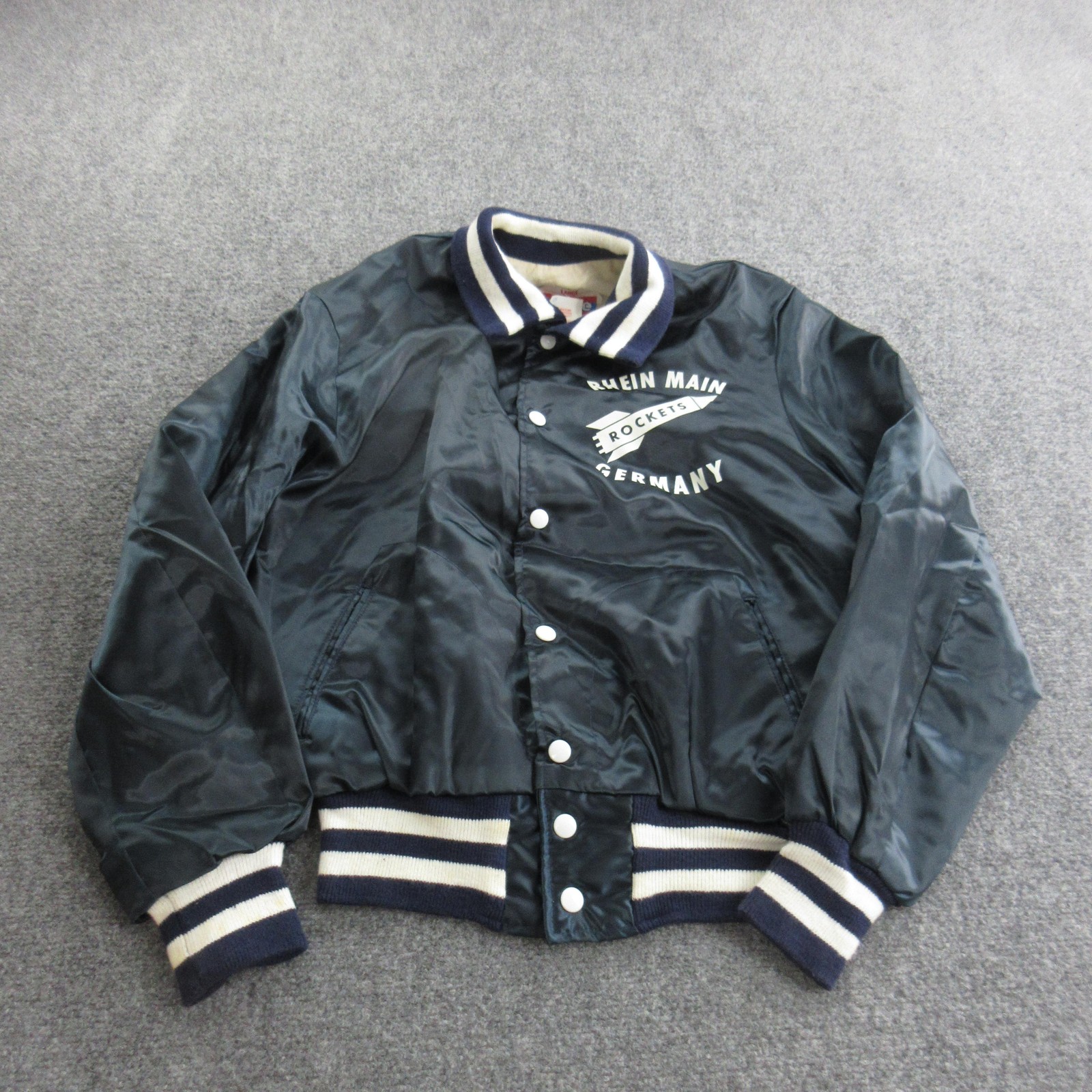 Vintage Rhein Main Rockets Jacket Mens Large Navy Football Germany Satin Bomber