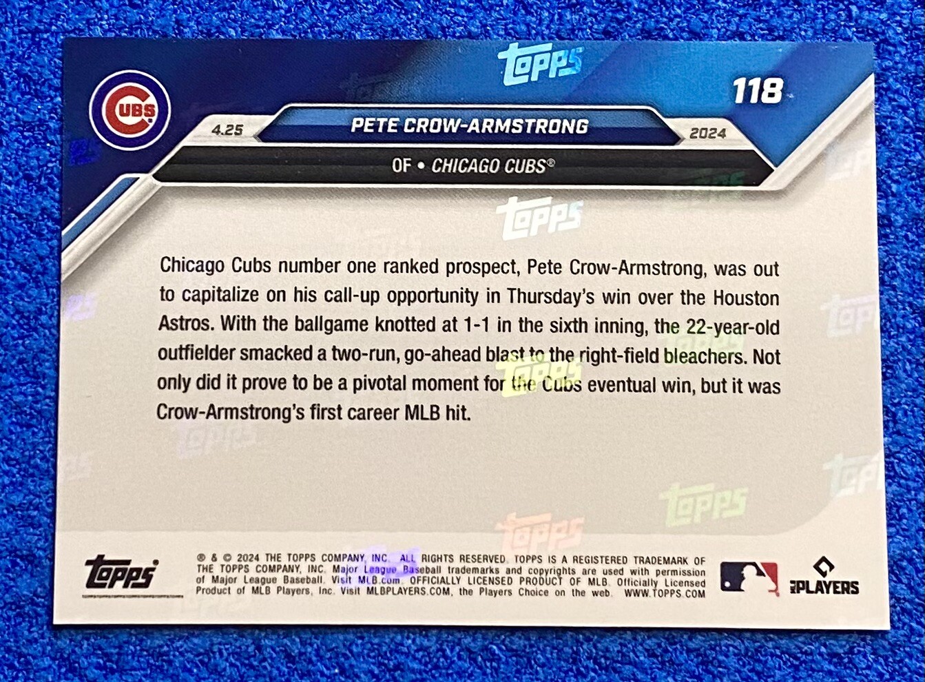 Chicago Cubs Rookie Pete Crow-Armstrong (PCA) 1st Career Hit = HR 2024 TN#118