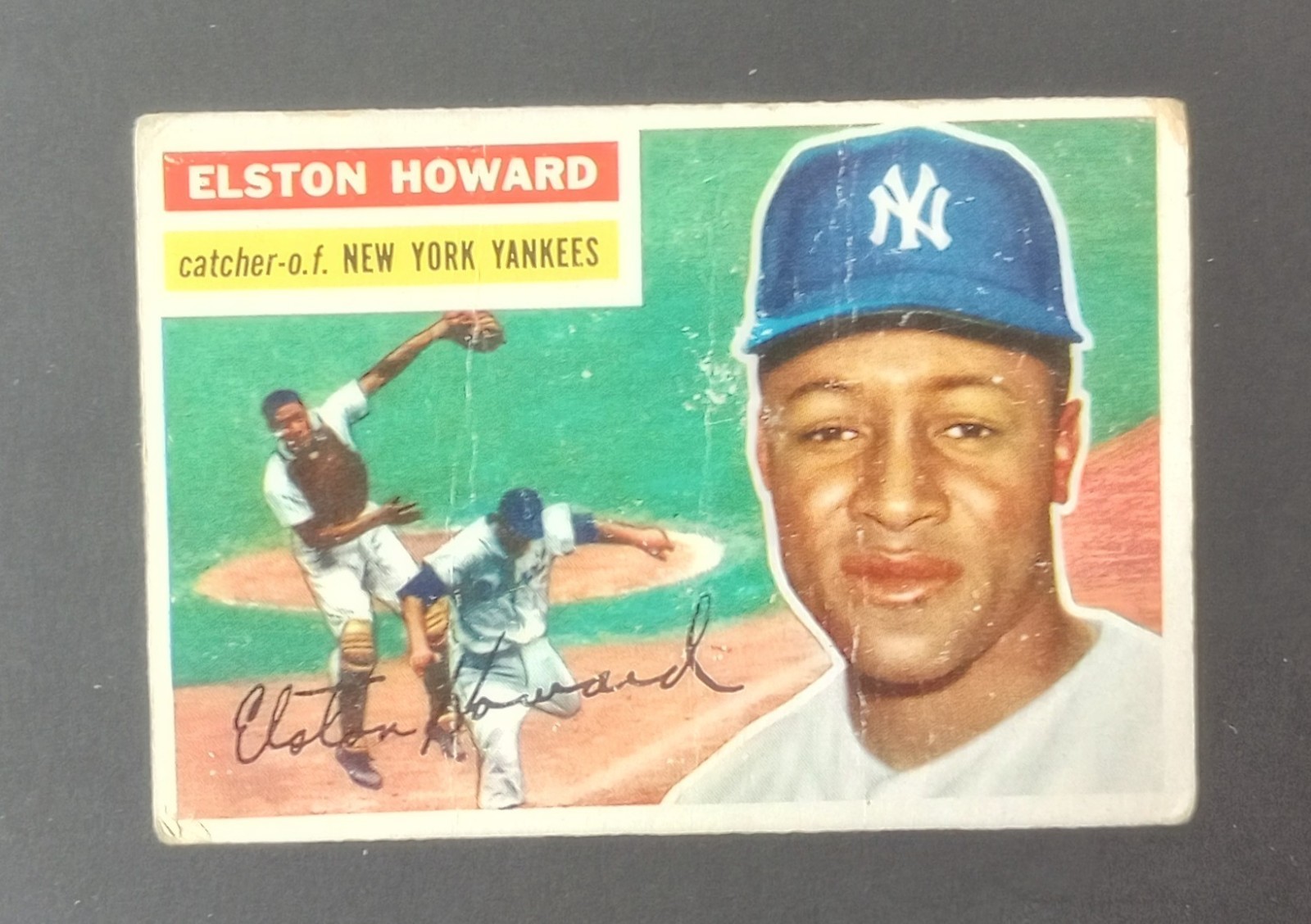 1956 Topps Elston Howard #208: Gray Back, Creases, Good Color, Free Shipping!