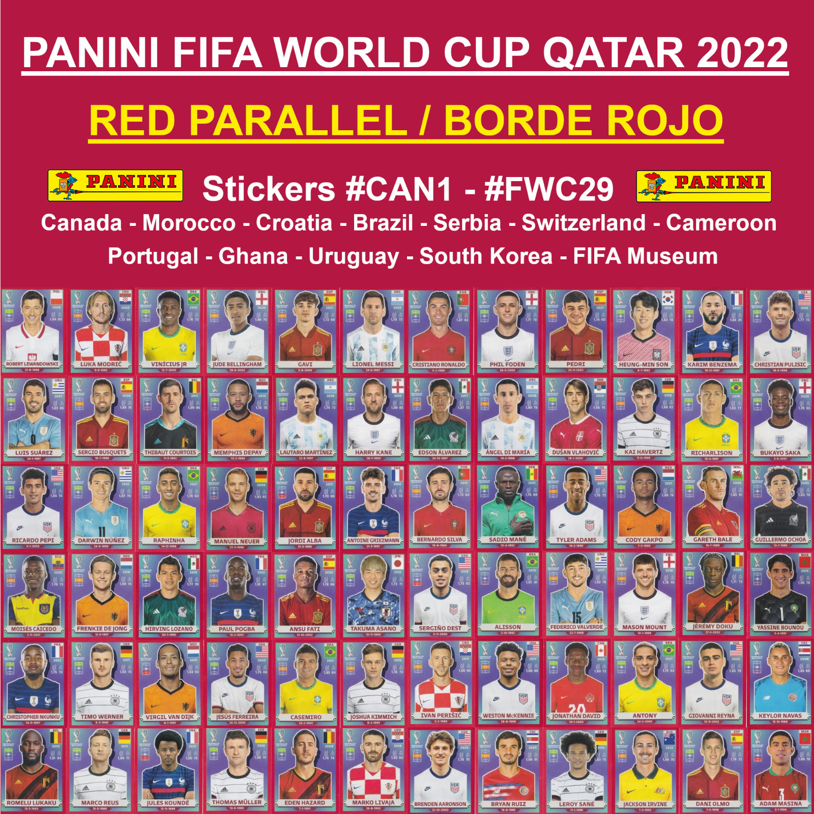 Panini World Cup QATAR 2022 – RED PARALLEL Stickers #CAN1 – #FWC29