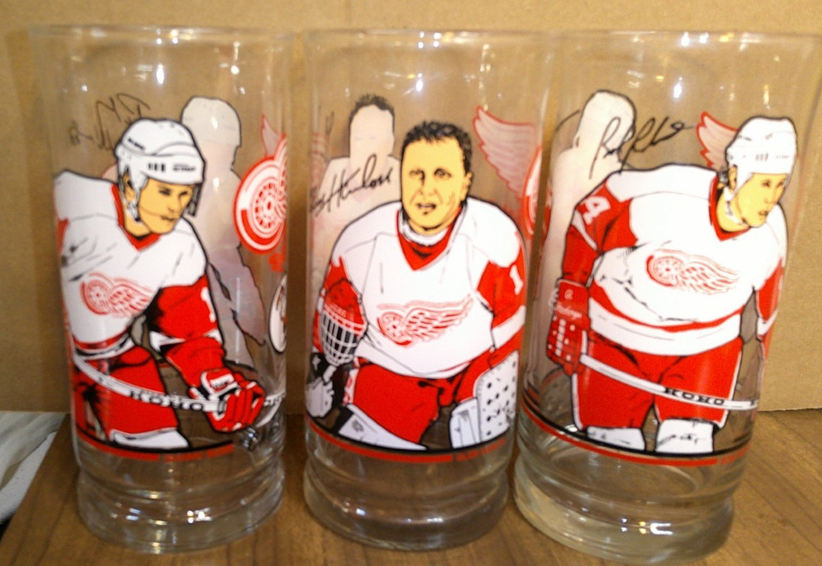 Lot of 3 1988 DETROIT RED WINGS Little Caesar’s Promo 6″ Glasses Probert Kocur