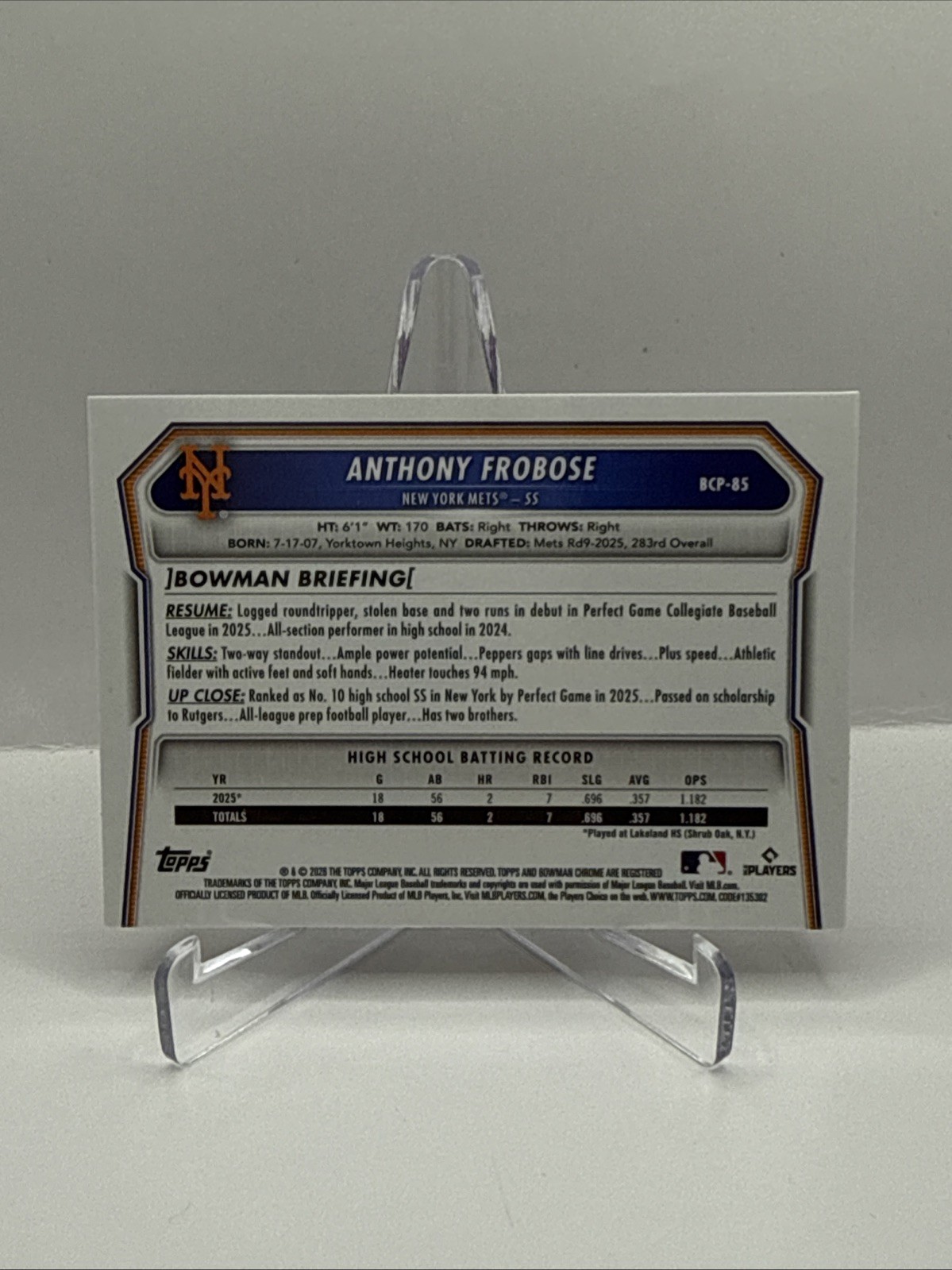 2026 Bowman Baseball Anthony Frobose 1st Fuchsia Refractor /199 Mets BCP-85 MLB