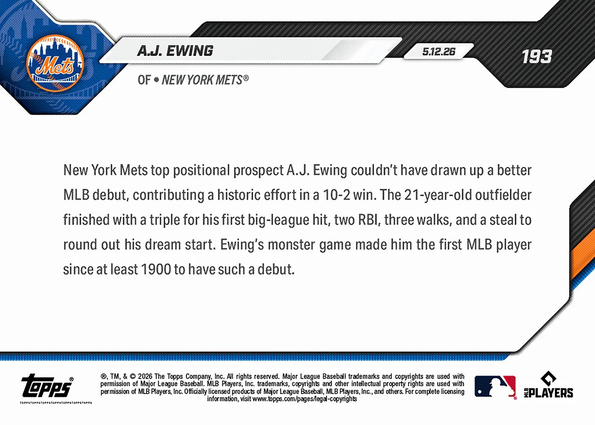 AJ Ewing – 2026 MLB Topps Now #193 Historic Debut Call-Up New York Mets Presale