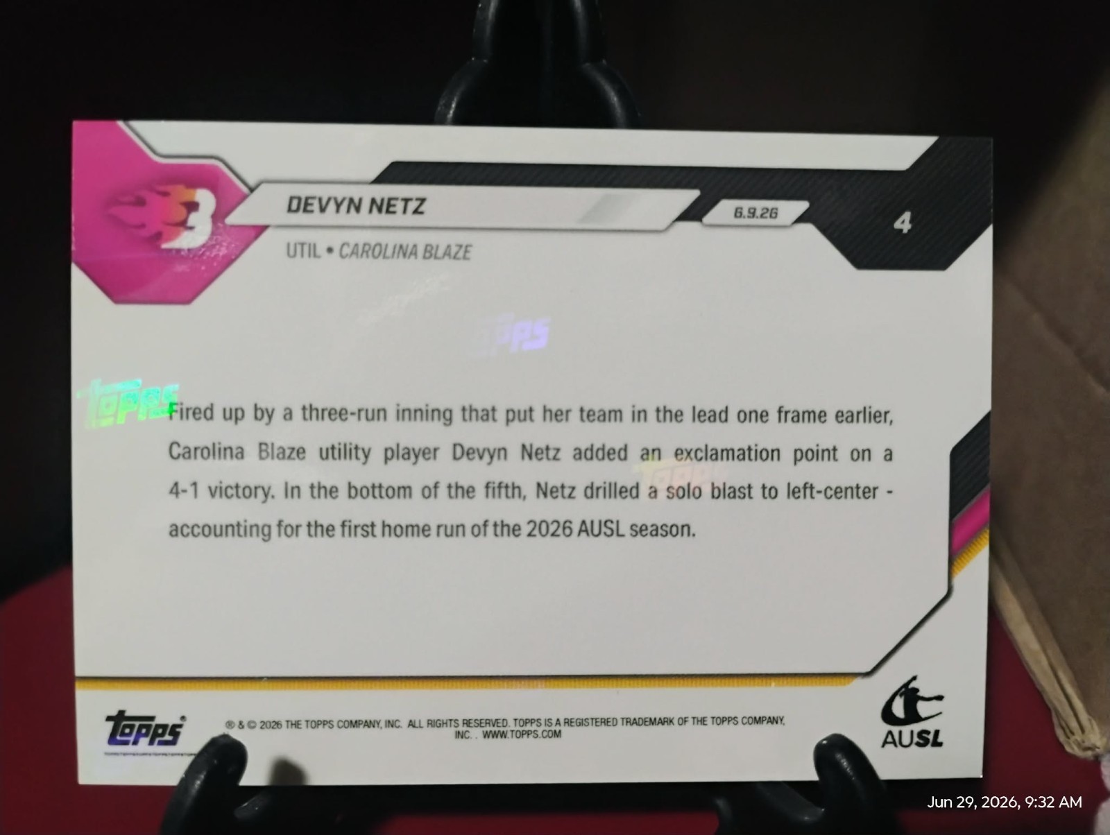 2026 AUSL Topps NOW #4 Devyn Netz 1st Homer ’26 Carolina Blaze PR:581 Ships ASAP