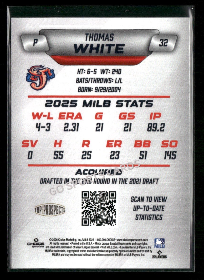 2026 AAA Top Prospects Jacksonville Jumbo Shrimp Thomas White RC Rookie Marlins
