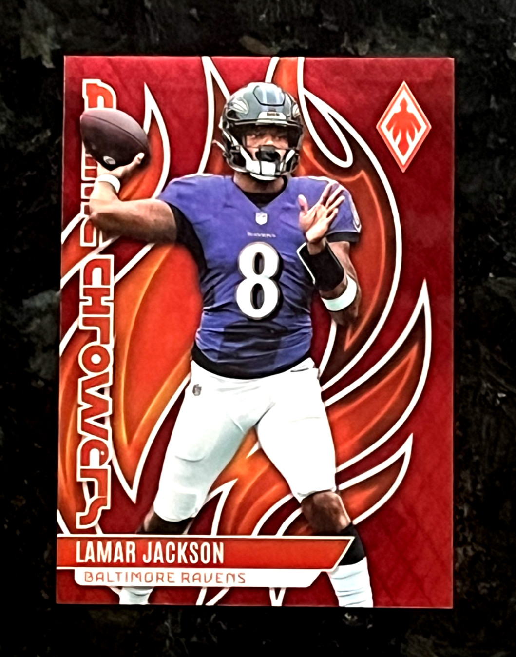 Lamar Jackson 2023 Panini Phoenix FLAME THROWERS 48/199 Holofoil Ravens FLA-16