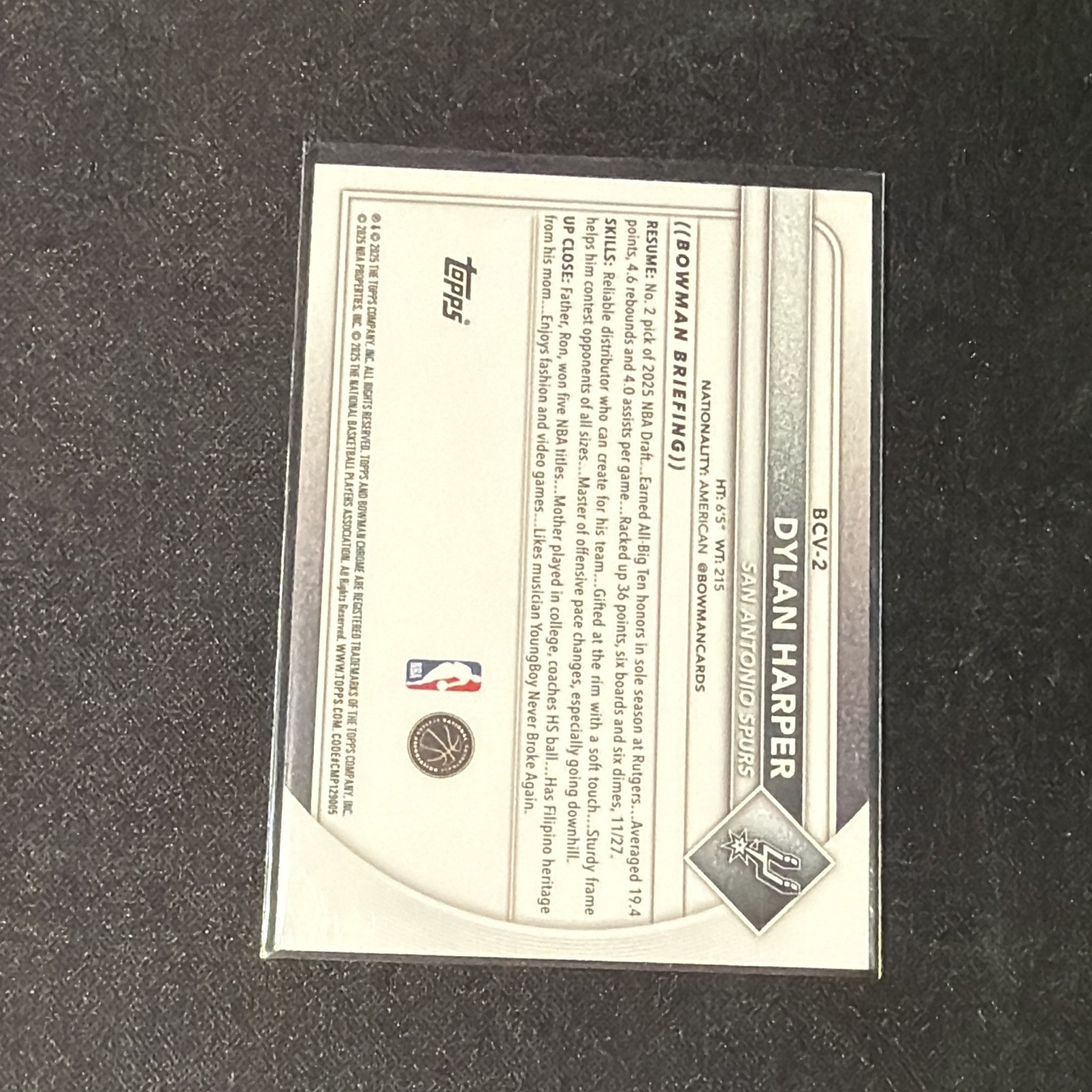 Topps 2025 Bowman Chrome U Dylan Harper Spurs Rookie true Purple /250 #BCV-2