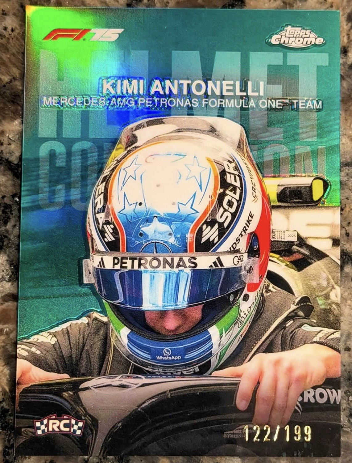 2025 Topps Chrome Formula 1 Kimi Antonelli Helmet Collection Aqua /199 RC HC-1