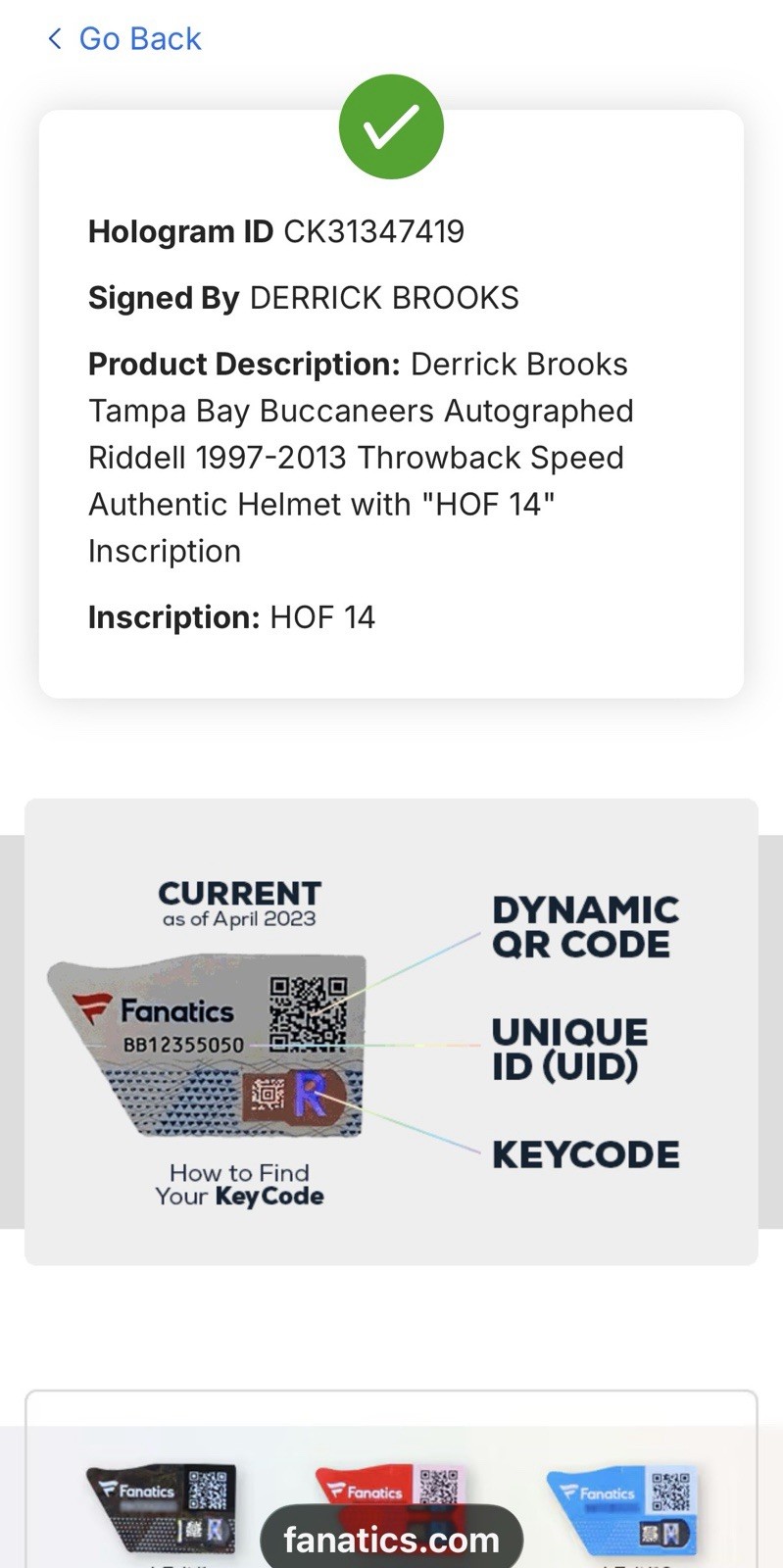 Derrick Brooks Inscribed “HOF-14”Signed Authentic F/S Buccaneers Helmet Fanatics