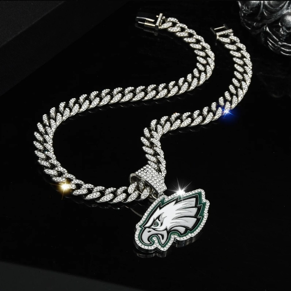 PHILADELPHIA EAGLES GEM NECKLACE Silver Bling Football Pendant / 24″ Cuban Chain