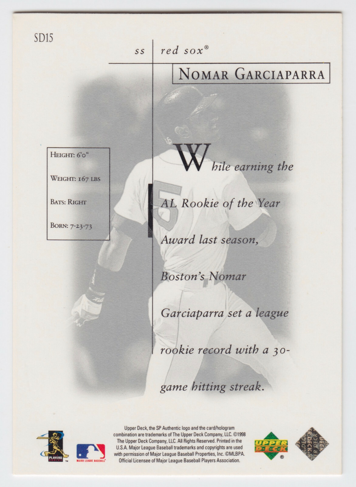 1998 SP Authentic Sheer Dominance – Nomar Garciaparra – #15 – Red Sox – NrMt+
